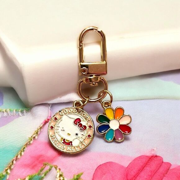 Pink Rainbow Flower Hello Kitty Bag Charm Zipper Pull - Picture 1 of 2
